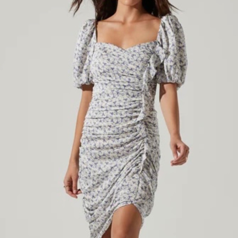 Emma Floral Puff Sleeve Ruched Midi Dress - Color "Blue Purple Ditsy"